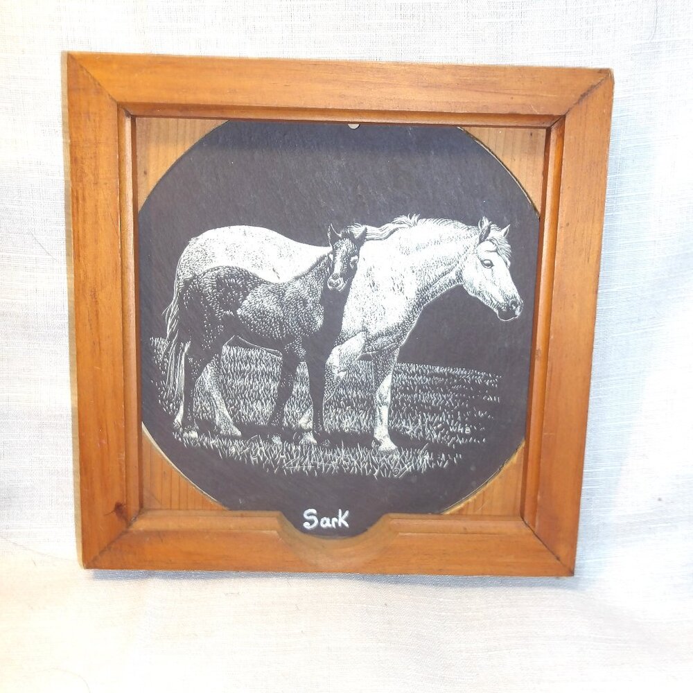 Meticulously, Hand Painted *** Mare and Colt *** in Hand Crafted Wooden Frame